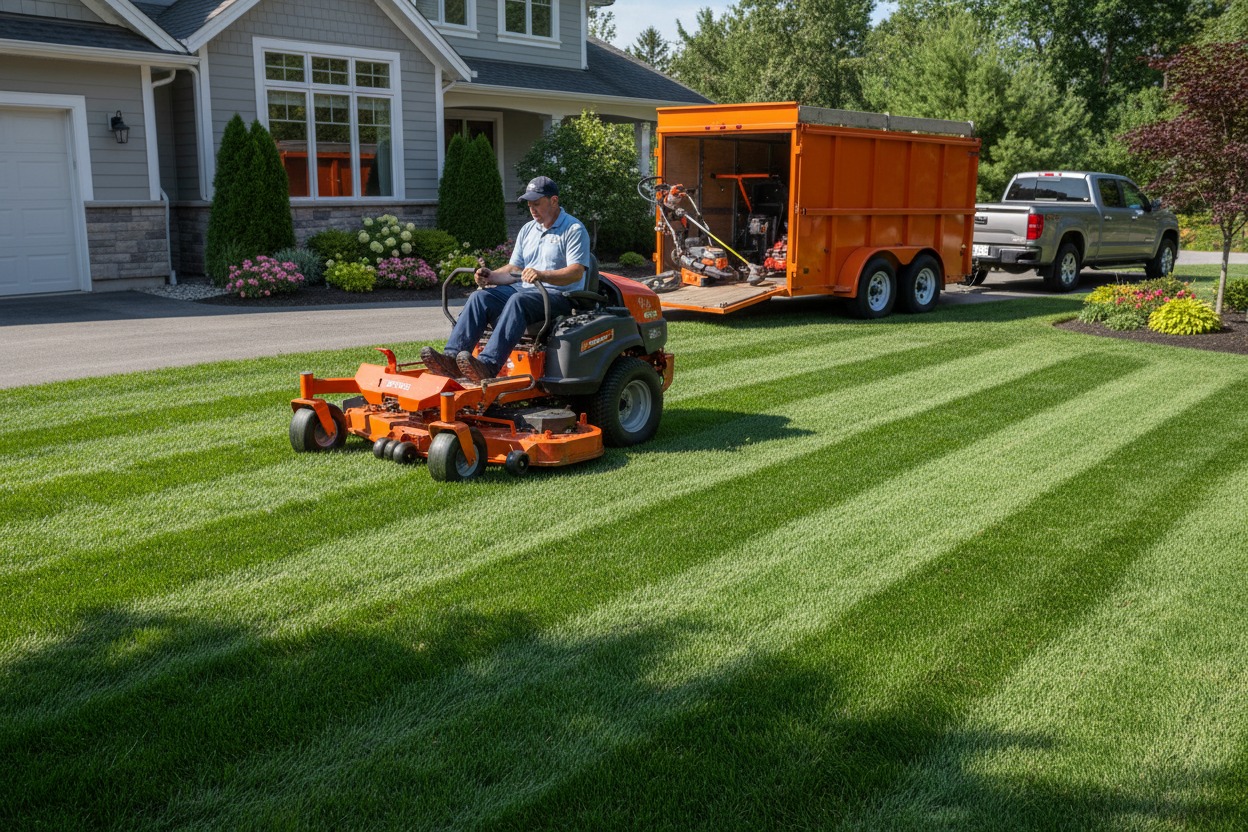A landscaper drives an orange zero-turn lawnmower, creating precise alternating light and dark green stripes across a freshly cut residential lawn in front of a house.