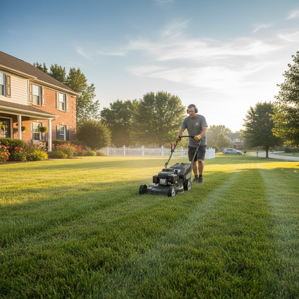 A man wearing hearing protection mows the large, green lawn of a suburban house.